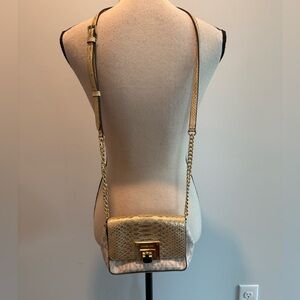 Michael Kors Tina Crossbody Clutch Bag MK Signature Logo Gold Snakeskin